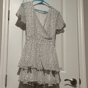 Blue Rain White Floral Ruffled Wrap Mini Dress